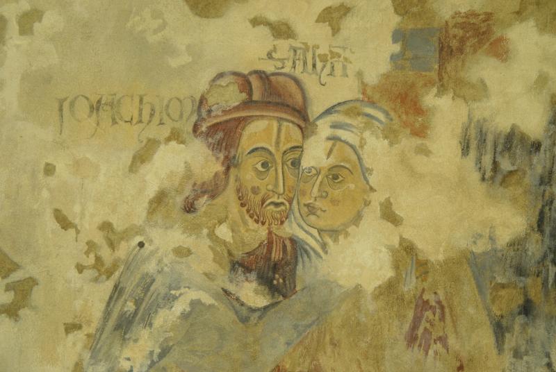 Le Vieux-Pouzauges, église Notre-Dame, Rencontre d’Anne et Joachim à la Porte d’Or, début du XIIIe siècle. Copie de peinture murale réalisée en 1948