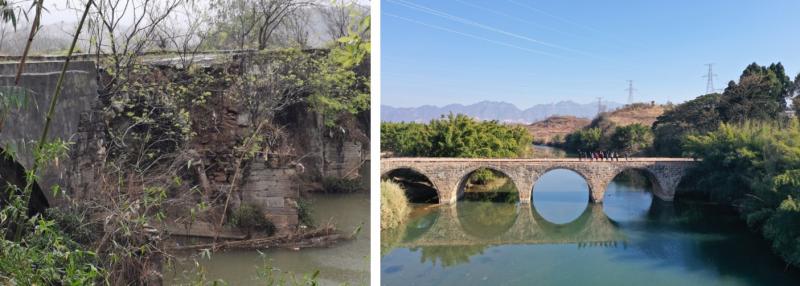 Taomu bridge before (left) and after (right) restoration