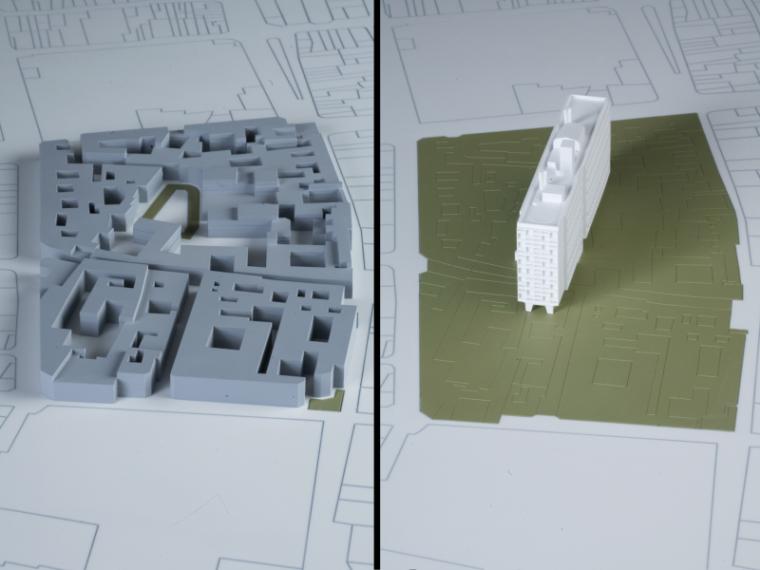 Comparaison de l’emprise au sol de l’unité d’habitation et d’un quartier parisien (quartier Rambuteau) accueillant le même nombre d’habitants (environ 1.600), 2005