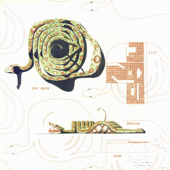 Projet de maison enterrée "serpent" en terre stabilisée et sculptée (projets théoriques), 1976-1981