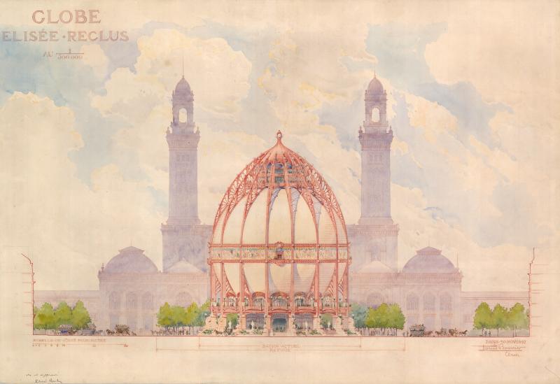 Exposition universelle de Paris de 1900, globe terrestre Élisée-Reclus avec la silhouette de l’ancien Trocadéro en arrière-plan, 1897, Louis Bonnier, architecte