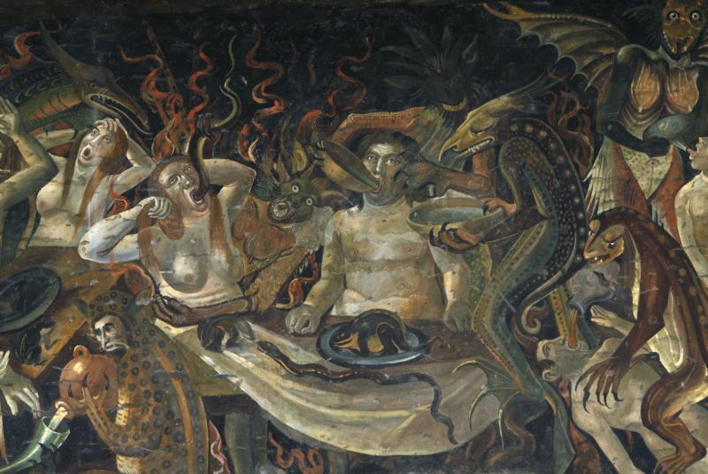 Albi, cathédrale Sainte-Cécile, Les damnés, les gloutons (détail), 1496-1500. Copie de peinture murale réalisée en 1957