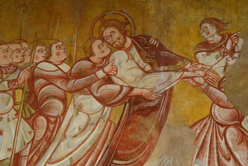Nohant-Vic, église Saint-Martin, chœur, Baiser de Judas, début du XIIe siècle. Copie de peinture murale réalisée en 1940 