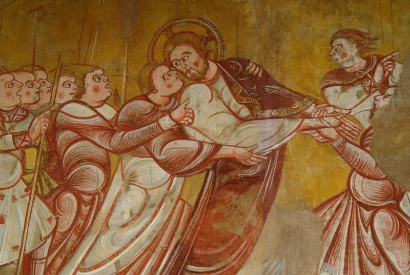 Nohant-Vic, église Saint-Martin, chœur, Baiser de Judas, début du XIIe siècle. Copie de peinture murale réalisée en 1940