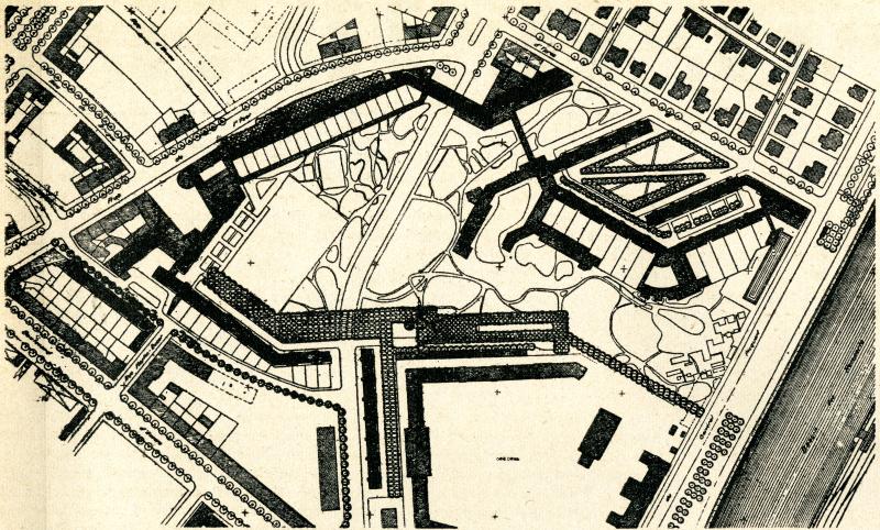 Eugène Beaudouin, arch. 1951. Cité Rotterdam, Strasbourg : vue du plan masse (extrait de L'Architecture d'aujourd'hui, n°36, août 1951, page LXVIV).