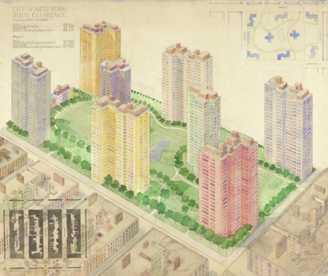 Josef Frank, Plan et perspective pour un projet de reconstruction d’un quartier à Manhattan