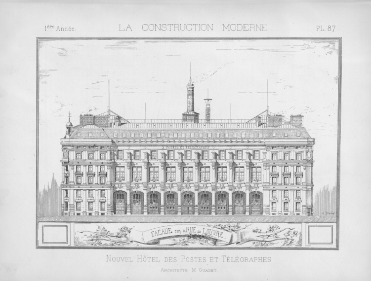 Planche issue de la revue la construction moderne montrant une gravure de la façade de l'hôtel des postes, vue de face