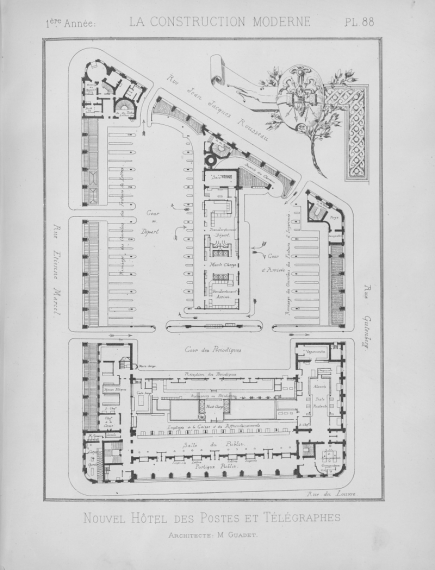 Planche issue de la revue la construction moderne montrant une gravure du plan du rez-de-chaussée de l'hôtel des postes