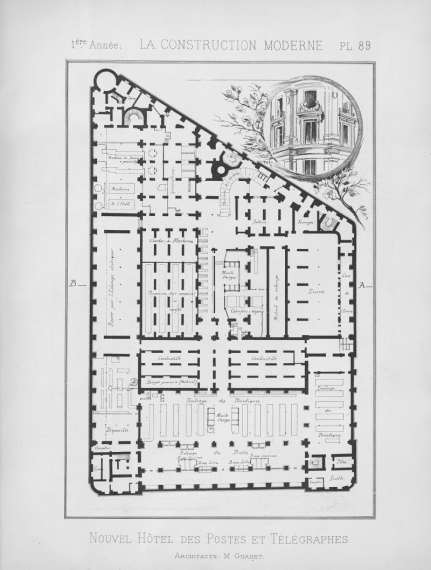 Planche issue de la revue la construction moderne montrant une gravure du plan du sous-sol de l'hôtel des postes