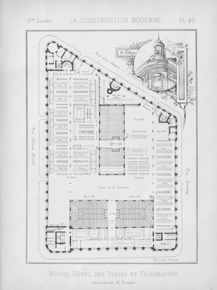 Planche issue de la revue la construction moderne montrant une gravure du plan du premier étage de l'hôtel des postes