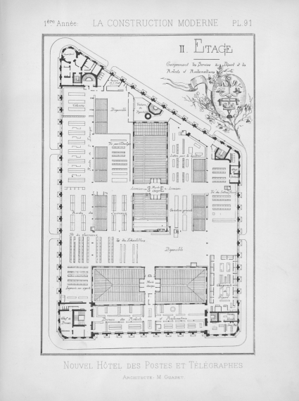 Planche issue de la revue la construction moderne montrant une gravure du plan du deuxième étage de l'hôtel des postes