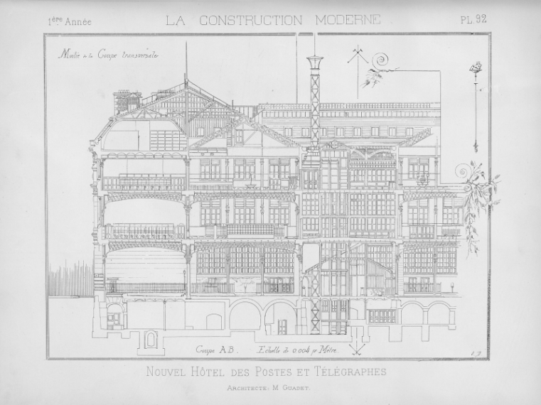 Planche issue de la revue la construction moderne montrant une gravure d'une coupe de l'hôtel des postes