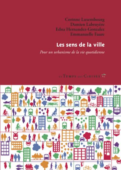 Couverture du livre les sens de la ville. La moitié inférieure montre plein de petits pictogrammes d'éléments que l'on peut trouver en ville.