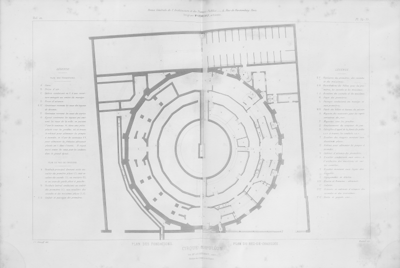 Planche du plan des fondations et du rez-de-chaussée du cirque d'hiver, publié dans la revue générale de l'architecture