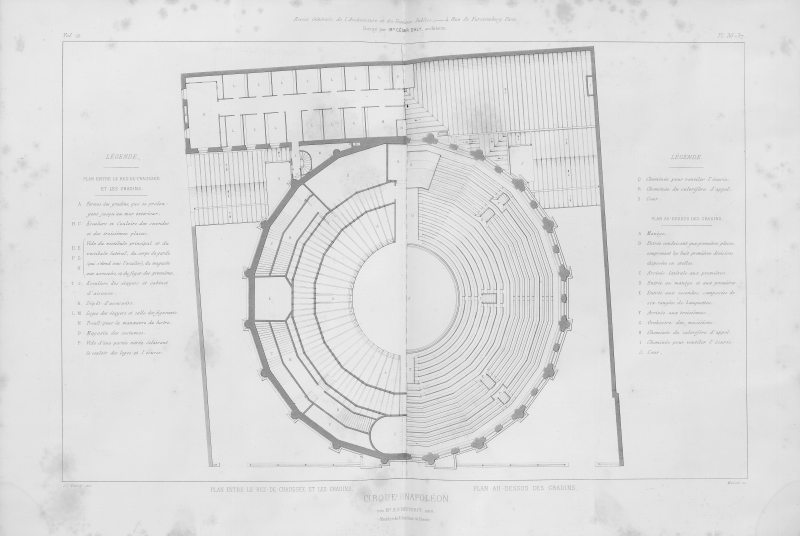 Planche du plan entre le rez-de-chaussée et les gradins et au-dessus des gradins du cirque d'hiver, publié dans la revue générale de l'architecture