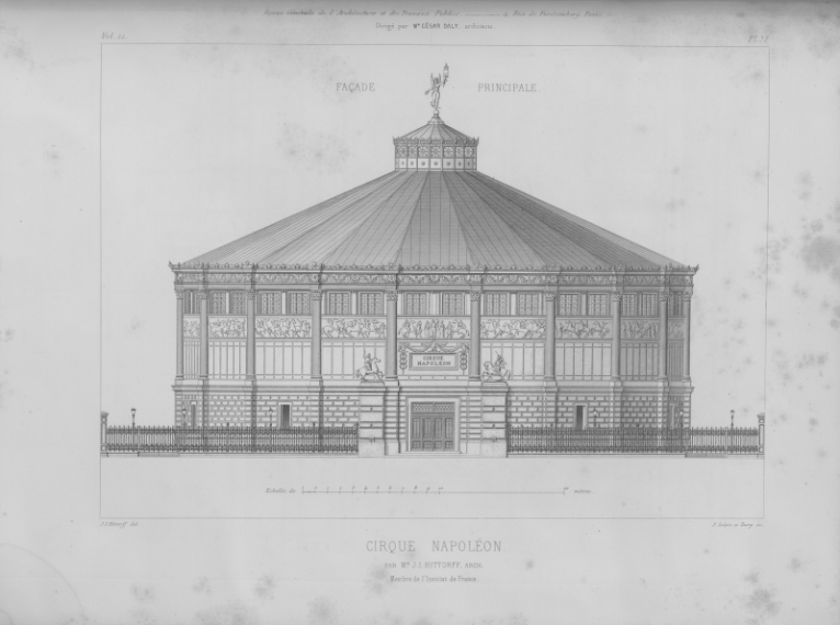 Planche de l'élévation du cirque d'hiver, publiée dans la revue générale de l'architecture