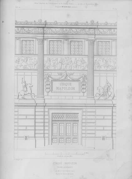 Planche de l'élévation de l'entrée du cirque d'hiver, avec le nom du cirque gravé au-dessus de la porte, publié dans la revue générale de l'architecture