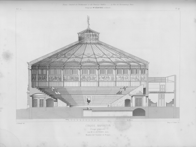 Planche de la coupe générale du cirque d'hiver, montrant les décors de l'arène centrale, publiée dans la revue générale de l'architecture