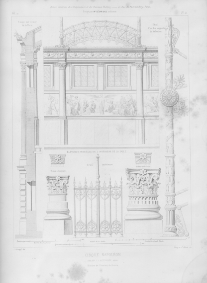 Planche d'éléments décoratifs du Cirque d'hiver, montrant des chapiteaux, des grilles, une frise, publiée dans la revue générale de l'architecture