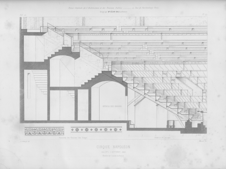 Planche de détails des gradins du cirque d'hiver, publiée dans la revue générale de l'architecture