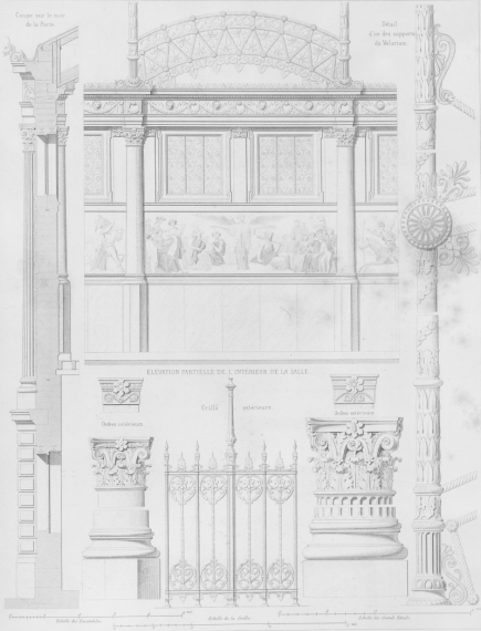 Gravure d'éléments du Cirque d'hiver, montrant des chapiteaux, des grilles, une frise, publiée dans la revue générale de l'architecture