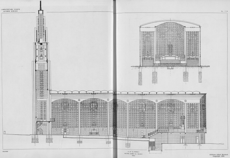 Dessin de coupes de l'église notre dame du raincy. On voit les fondations et le clocher