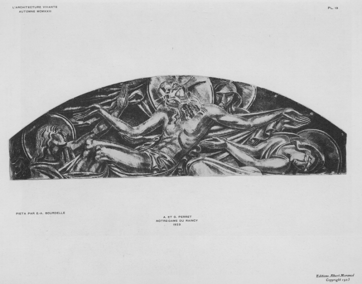 Planche du dessin de la sculpture projetée par Bourdelle d'une piéta pour l'église notre dame du raincy.