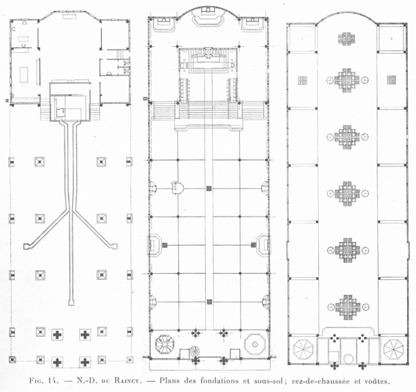 Plans de l'église Notre Dame du Raincy sur 3 niveaux (sous-sol, rez-de-chaussée et voûtes). Les plans sont côte à côte.