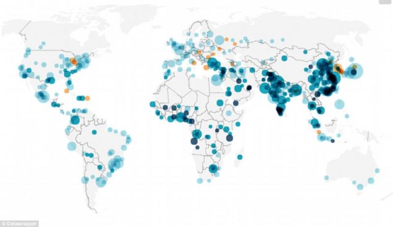 map showing Population growth rates for the 500 cities with a population of over 1 million