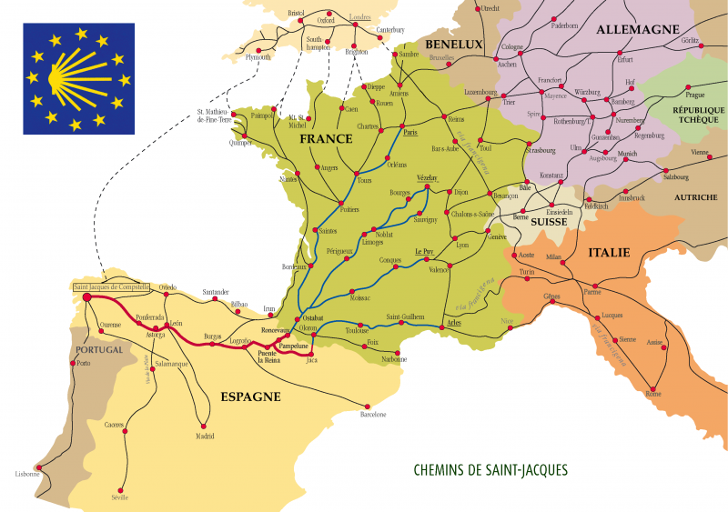 Carte des chemins de Saint Jacques de Compostelle en Europe