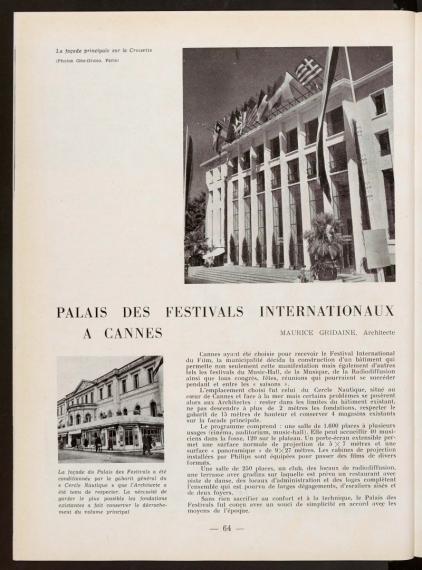 Le Palais des festivals internationaux à Cannes - L'Architecture française, no. 109-110, 1951