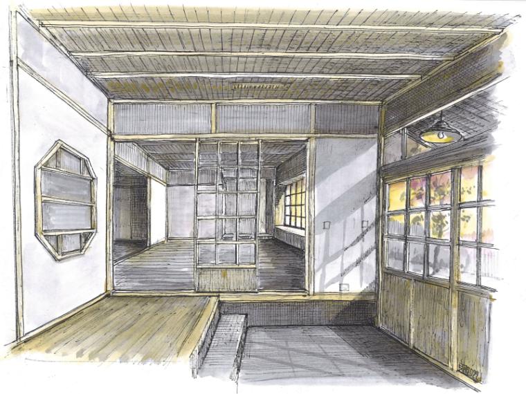dessin de Li Chien-Lang représentant l'intérieur d'une maison de style architectural japonais
