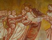 Nohant-Vic, église Saint-Martin, chœur, Baiser de Judas, début du XIIe siècle. Copie de peinture murale à grandeur réalisée en 1940 par Paul-Albert Moras.