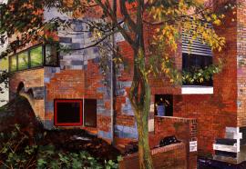 Yves Bélorgey. La Mémé, architecte Lucien Kroll, construction 1970-71, Bruxelles, Woluwé-Saint-Lambert, Belgique, juin-juillet 2013. Huile sur toile : 246 x 246 cm. Collection privée, Paris